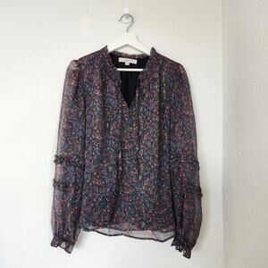 LOFT Paisley Sheer Ruffle Long Sleeve Blouse V Neck Boho Fall Top L
